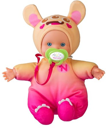 Nenuco Monster Friends Yellow, Mini Baby Monster Puppen von 15 cm, Weicher Körper und Kleid mit einem Pastellgelben Design, Personalisiertes Schnuller, Sammle die Modelle, Famosa (NFNB1200)