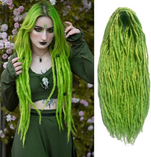Wool Dreadlock Extensionsv 22 Inches 15 Strands Double Ended Green Mixed Yellow Handmade Hippie Wool Dreads Extensions DE Ends White Locs Style Crochet Hair for Women
