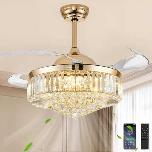 Deckenventilator mit Licht, Kronleuchter-Ventilator für Schlafzimmer, Wohnzimmer, LED, dimmbar, 6 Windgeschwindigkeiten, einziehbarer Kristall-Deckenventilator