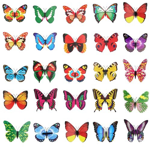 WanderGo 25 Stück Schmetterlinge Deko mit Clip Bunte Schmetterling Deko Befestigungsclip PVC Künstliche Schmetterlingsclip für Kinderzimmer Dekorationen, Vorhänge, Tisch, Büro, Garten, Grünzeug