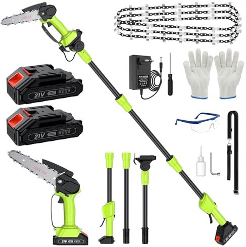 Motosega a Batteria con Asta 1.8M, Sega Elettrica Telescopica & Motosega 6 2 in 1 per Potatura per Taglio Del Legno, Alberi e Giardini, Con Guanti, Occhiali Protettivi, 4 Catene
