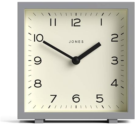 JONES CLOCKS® Disco Schreibtisch Uhr | Schlankes quadratisches Design | Grau | Stilvoll und leicht lesbar für Regal, Tisch, kaminsims oder nachttisch