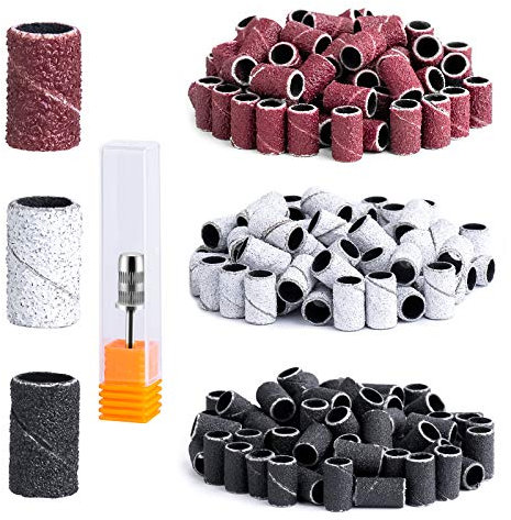 MelodySusie 300 Pcs Professional Sanding Bands with Mandrel for Nail Drill, 80 Coarse, 120 Medium, 180 Fine Grit Set for Acrylic Nails Manicures and Pedicures