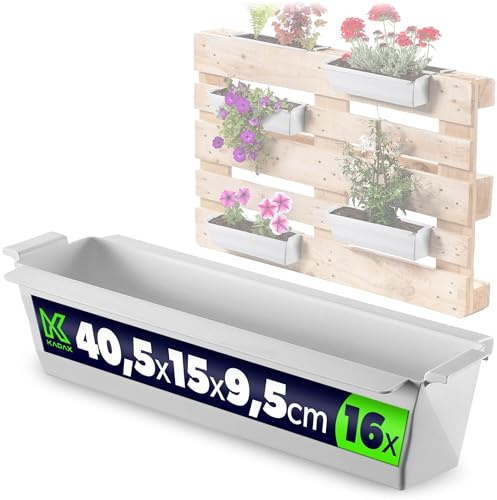 KADAX Pflanzkasten 16er Set für Paletten mit Hängesystem, 37x9 cm Weiß, zum Bepflanzen & Dekorieren als Balkonkasten, Blumenkasten für Europalette, Blumentopf-Einsatz & Übertopf in Palettengärten