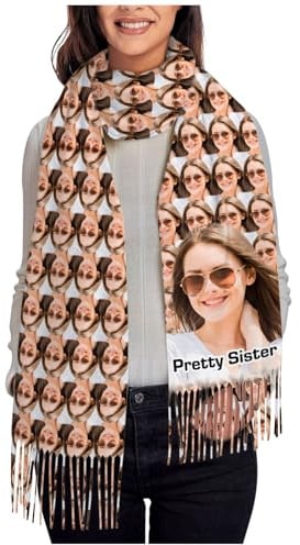 LucBuy Personalisierter Schal mit Gesichtsfotos, Kaschmirschals für Damen und Herren, Weiche Warme Winter und Herbstschals mit Großen Quasten, Witzige, Lange Stola Decke Umhang Geschenke (A7)