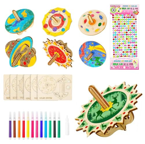 12 Stück Holzkreisel Bausatz Kreisel Bausatz + 12 Stylos de Couleur für Kreatives DIY Spielzeug für Kinder 4 5 6 7 8 9 Jahre