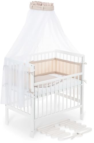 FabiMax Boxspring Baby Beistellbett Flex 90x55 Komplettset, aus Buchenholz weiß lackiert, mit innovativem verstellbarem Seitengitter, passend für Boxspringbetten (Beige, Classic 90x55)