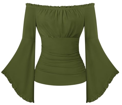 SCARLET DARKNESS Women Renaissance Pirate Top Off Shoulder Flare Sleeve Top | Wrap Top, Medieval, Gothic, Halloween Costume