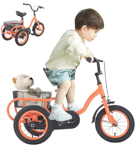 BTGSHYNM 12 Zoll Kinder Dreirad, Einfache Geschwindigkeit, mit Korb, Verstellbarer Sitz und Lenker, Vorderbremse, Maximale Tragkraft 25kg, Kinder Dreirad für Jungen und Mädchen Im Alter Von 2–5 Jahren
