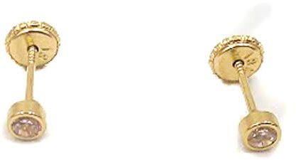 Teresa Barrio - Pendientes oro amarillo de 1ª Ley de 18 Kilates de niña primera postura bisel con circonita en el centro con estupendo cierre de tornillo de tuerca. Peso real: 0.50gr