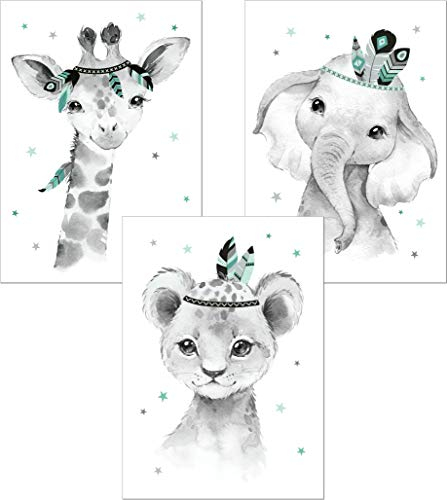 LALELU-Prints | A4 Bilder Kinderzimmer Poster | Zauberhafte Indianer-Tiere Boho Feder mint | Babyzimmer Deko Junge Mädchen | 3er Set Kinderbilder (DIN A4 ohne Rahmen)