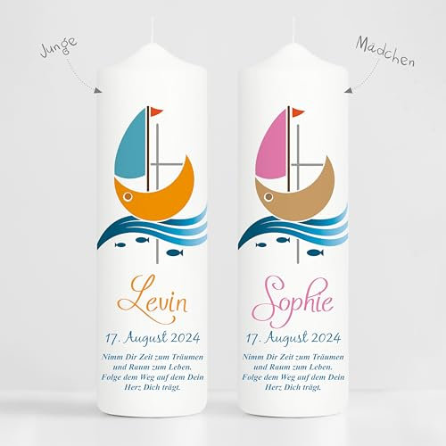 Taufkerze für Mädchen Boot Schiff Jesuskreuz mit Wunschdaten - Kerze zur Taufe, Geburt oder Kommunion - 18 x 7cm Junge oder Mädchen