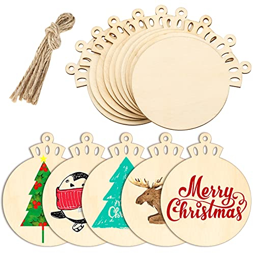 MELLIEX 40 Stück Holzscheiben, Runde Holz Scheiben Holzanhänger mit 40 Stück Fäden für Weihnachtsschmuck Weihnachtsanhänger Baum DIY Kunsthandwerk Weihnachtsdeko