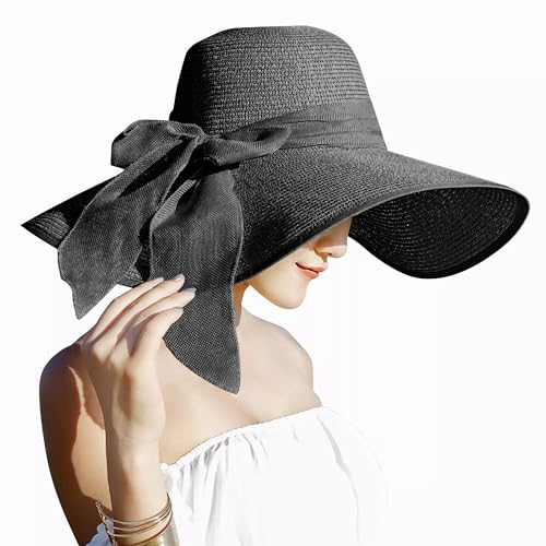 Lanzom Chapeau de paille pour femme de 14 cm avec grand nœud - Pliable - Protection UPF 50+, noir, Taille unique