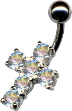 Bauchnabelpiercing ECHT SILBER 925er & ZIRKONIA-KRISTALL Chirurgen-Stahl 316L Edelstahl Banane Bananabell Piercing Barbell Bauch Stecker Nabelpiercing 1.6 x 10mm JESUS CHRISTUS KREUZ GOTT WEIß