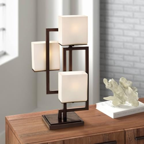 Possini Euro Design Lighting on The Square Modern 3-Way Table Lamp 24 High with Table Top Dimmer Roman Bronze Metal Glass Shade for Bedroom Living Room House Home Bedside Nightstand Office Kids