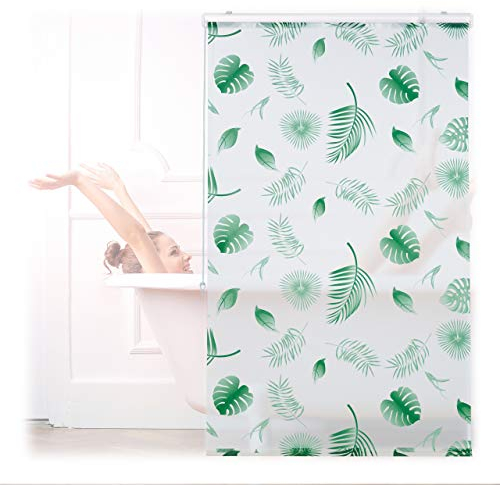 Relaxdays Duschrollo Blätter, 100x240cm, Seilzugrollo f. Dusche & Badewanne, wasserabweisend, Decke & Fenster, weiß/grün
