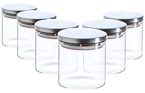 Argon Tableware Scandi Storage Jars with Metallic Silver Lids - 550ml - 6 Pack - Modern Round Organisation Container Glass Jar for Kitchens, Pantry, Bathrooms, Utility Rooms