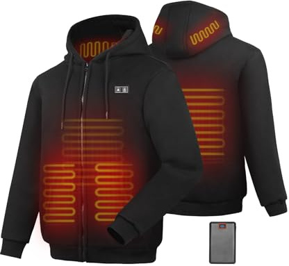 Wodesid Beheizbare Jacke Hoodie Kapuzenpullover mit 7.4V 16000mAh Akku, 6 Heizzonen, 3 Heizstufen für Herren & Damen - Outoor Beheizte Kapuzenjacke Sweatshirt Winter Heizjacke mit Doppelschalter