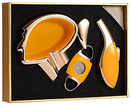 HB1 3Pcs / Set Zigarrenanzünder Edelstahl Zigarrenschere Aschenbecher Metall Butangas Winddicht Feuerzeug für Draußen Drinnen mit Schöner Geschenkbox,Yellow