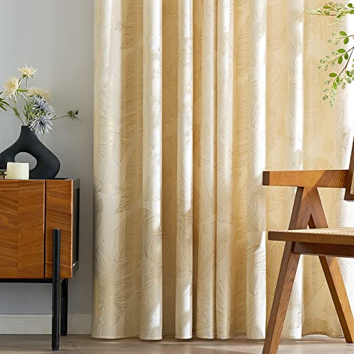 MIULEE Samtvorhänge mit Goldfolie Blättermuster, 2 cremefarbene Vorhänge mit Ösen, 140 x 175 cm, Raumverdunkelungsvorhänge für Wohnzimmer, Schlafzimmer