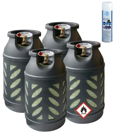 Bluecraft 4x Premium Eigentums Propangasflasche 10 kg gefüllt inkl. Lecksuchspray für Camping, Gasgrill, Gaskocher