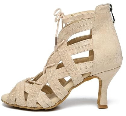 RUYBOZRY Stivali da Ballo Latino Americano Donna con Punta Aperta con Tacco Scarpe Ballo Tango da Salon Scarpe Salsa Donna,YCL482-Beige-6,EU43
