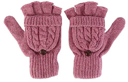 GALPADA Damen Strick Halbfingerhandschuhe Mit Fäustling-überzug Warm Leicht Für Winter Outdoor Alltag Rosa Komfortable Fingerlose Handschuhe Mit Umklappbarer Kappe
