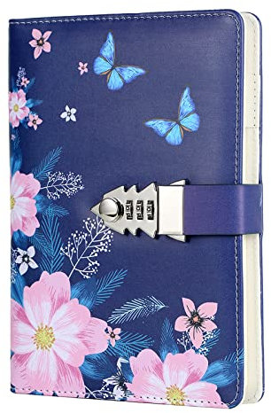 NectaRoy Lock Journal Lockable Diary, PU Leather Cover Writing Notebook with Combination Lock, Travel Journal with Lock, Diary with Card Pockets&Pen Holder, Size 210x150mm