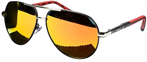 Olwen XXL Pilotenbrille für große Köpfe (polarisiert), extra groß, hoch, 63 mm, UV400-Schutz, Gratis Hartschalenetui, Orangefarbener Spiegel