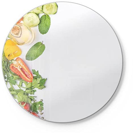 DEQORI Schneidebrett aus Glas | rund Ø30 cm | Motiv Banner gerahmt mit Gemüse | Design Schneideplatte für Küche | Frühstücksbrett antibakteriell & rutschfest | Glasplatte & Servierplatte