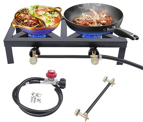 Double Burner Camping Stove Cast Iron 8KW Butane Gas Country Cooker Double Burner BBQ Portable Grill For Outdoor Cooking, Grilling, Picnics, Catering