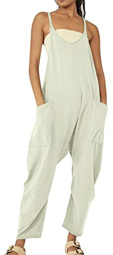 Bluelucon Arbeitsoverall Damen Loose Fit Baggy Jumpsuit Ärmellos Overall Lässiger Damen Overall Lose Hose Mit Taschen Arbeitsoverall Beige M