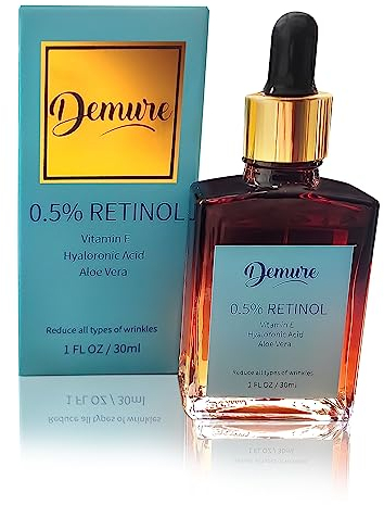 Demure Retinol 0.5% Serum mit Hyaluronsäure, Vitaminen E, Vitamin C und Aloe Vera, gegen Falten, Anti-Aging Lift Serum, Für Gesicht, und Dekollete, Ausgewogene Formel 30ml