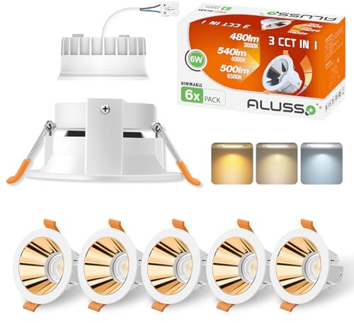 ALUSSO LIGHTING LED Einbaustrahler 230V, 6W 540lm Ø75-80mm Einbauspot mit Abnehmbar LED Modul, Dimmbar 3CCT Warmweiß Naturweiß Kaltweiß, Blendfrei für Küche, Gold Weiß Einbaurahmen Modern, 6er