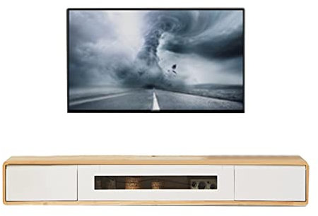 Wandmontiertes TV-Gerät, 120 cm, schwebender TV-Ständer aus massivem Holz – TV-Wandregal für Wohnzimmer, Schlafzimmer, Multimedia-Aufbewahrungsregal mit 2 Schubladen, Kabelmanagement/E Decoration