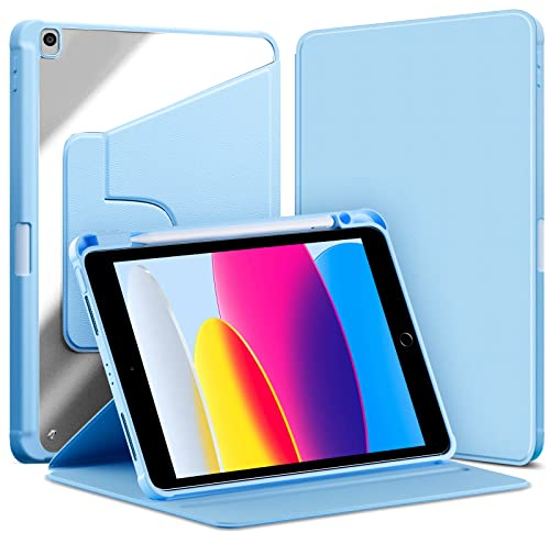VAGHVEO Funda Giratoria para iPad 9ª / 8ª / 7ª Generación 10,2 Pulgadas con Portalápiz, iPad Air 3ª 10,5 / iPad Pro 10,5 Caja Carcasa de Libro de Giratorio 360 Grados Transparentes Cover, Azul Claro