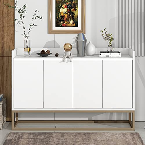 Commode - Buffet avec pieds en métal doré - 120 x 30 x 80 cm - Buffet moderne de style minimaliste - 4 portes - Sans poignée - Pour salle à manger, salon, cuisine - Blanc
