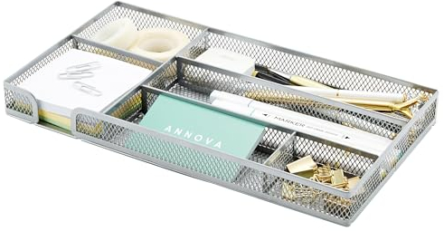 Annova Desk Drawer Organizer Tray for Office Organization - Metal Mesh - Storage Tray with Dividers for Pens, Desktop Accessories, Bathroom, Kitchen, Makeup and Office Supplies (Silver)