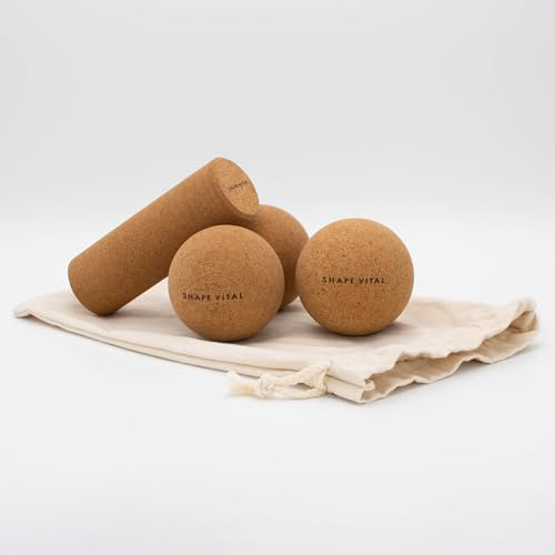 SHAPEVITAL Natürliches Kork Faszien 3er-Set: Faszienrolle, Faszienball & Duoball - inkl. Jute Beutel - 100% Korkrinde