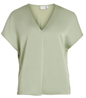 Vila Damen Viellette V-Neck S/S Satin Top-Noos Kurzarmbluse 14089239,Swamp,38