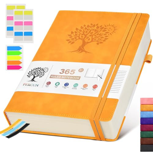 PERCUN B5 liniertes Tagebuch, 365 Seiten, großes Leder-Tagebuch zum Schreiben für Damen und Herren, Hardcover-Notizbuch mit 100 g/m² dicken Seiten, Tageskalender für Reisen, Arbeit, Schule, College