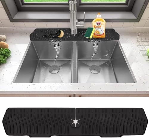 30inch Kitchen Sink Splash Guard Silicone Draining Mat Around Tap Faucet Handle Drip Catcher Tray Thickness and Slope Upgraded Sink Splash Guard Drying Pad for Kitchen