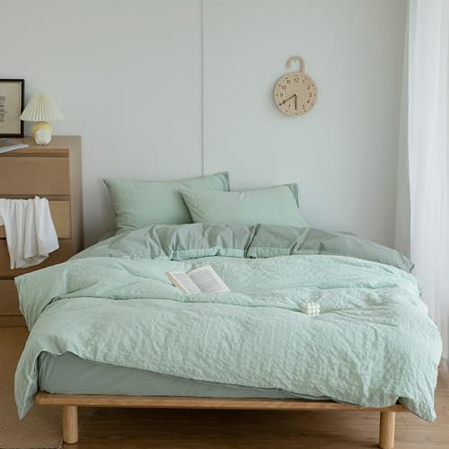 Joanna & Seasons Bettwäsche-Set, Seersucker, weiche Baumwolle, mit 1 Bettbezug 200 x 200 cm und 2 Kissenbezügen 80 x 80 cm, Reißverschluss und Eckbändern, grün