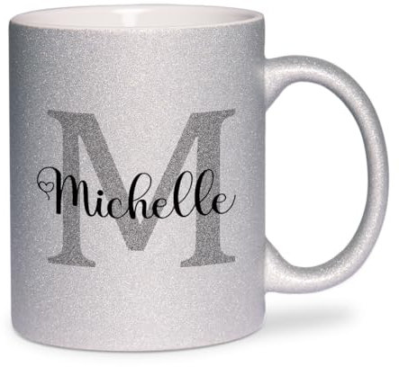 glitzertassen.de® | Namenstasse mit Buchstabe | Personalisiert| Tasse mit Glitzer | Geschenkidee | Keramik | 330 ml | Silber