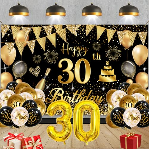 30. Geburtstag Deko, Deko 30 Geburtstag Männer Frauen, Groß Banner und Schwarz Gold, für Frau Mann
