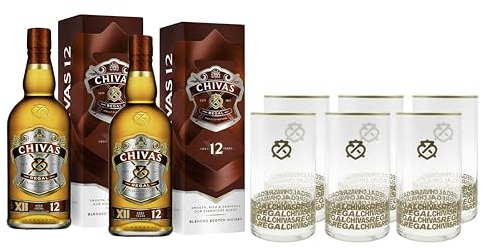 Chivas Regal 12 años Whisky Escocés de Mezcla, Pack de 2 botellas y 6 vasos de regalo, 700 ml