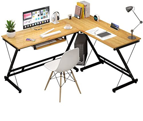 CLLBANT Study Table Writing Desk Modern Minimalist Corner Writing Desk PC Laptop Desk L-Shaped PC Workstation with Keyboard Tray Stable Z-Shaped Metal Frame Home Office Furniture Gaming PC