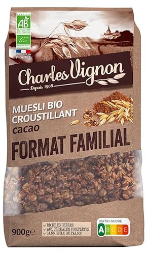 Charles Vignon - Muesli Bio Croustillant Cacao - Format Familial 900 g | Riche en Fibres, Sans Huile de Palme, Fabriqué en France