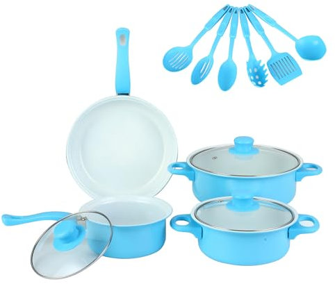 WXFKLDJ Bleu, Batterie De Cuisine, 13 Pièces, Casseroles Et Poêles avec Ustensiles, Surface De Cuisson Antiadhésive sans PFOA, Résistante Aux Rayures, Compatible avec Toutes Les Cuisinières